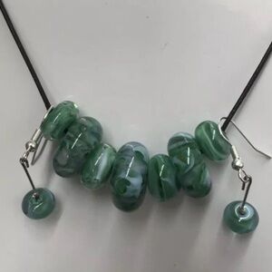 New hand blown green glass beaded earrings and necklace